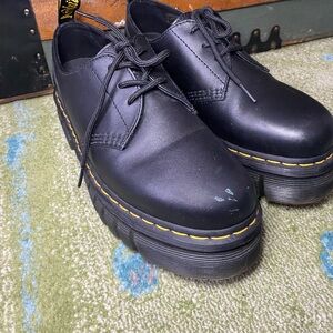 Dr. Martens Black Leather Platform Derby Shoes with Yellow Stitching